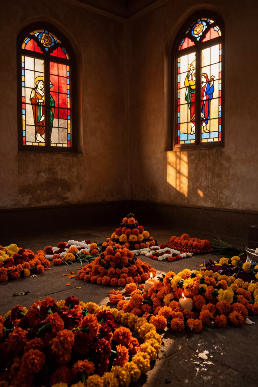 Marigold Garlands in Guwahati Chapel Sunset in in a chapel lit by stained glass in Guwahati