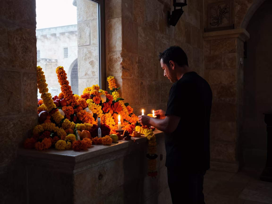 Marigold Garlands in Nazareth Temple Light in inside a candlelit nave in Nazareth