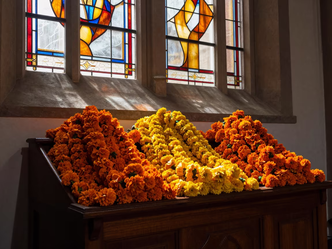 Marigold Garlands in Novara Chapel in in a chapel lit by stained glass in Novara