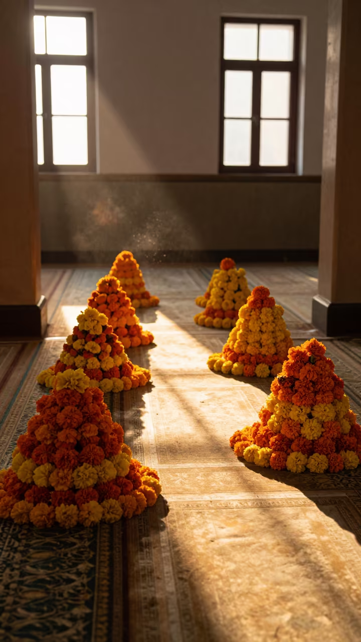 Marigold Garlands in Wenzhou Mosque Sunset in in a mosque prayer hall in Wenzhou