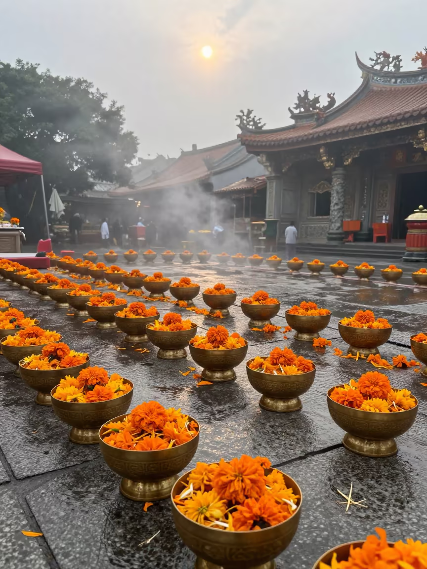 Marigold Offerings at Keelung Temple Dawn in in a temple courtyard in Keelung