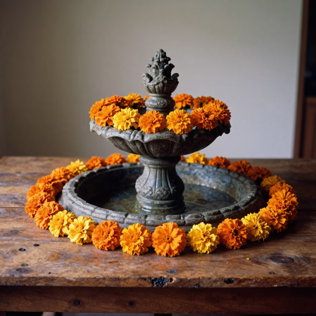Marigold Ring on Fountain in Nyala in on a wooden workbench in Nyala