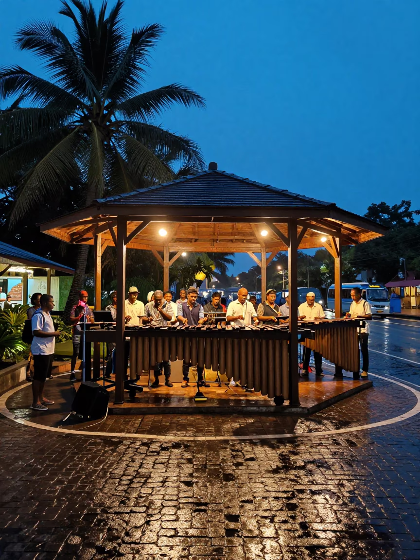 Marimba Ensemble Performing Under Gazebo in Colombo in at a street corner busking spot in Cinnamon Gardens, Colombo