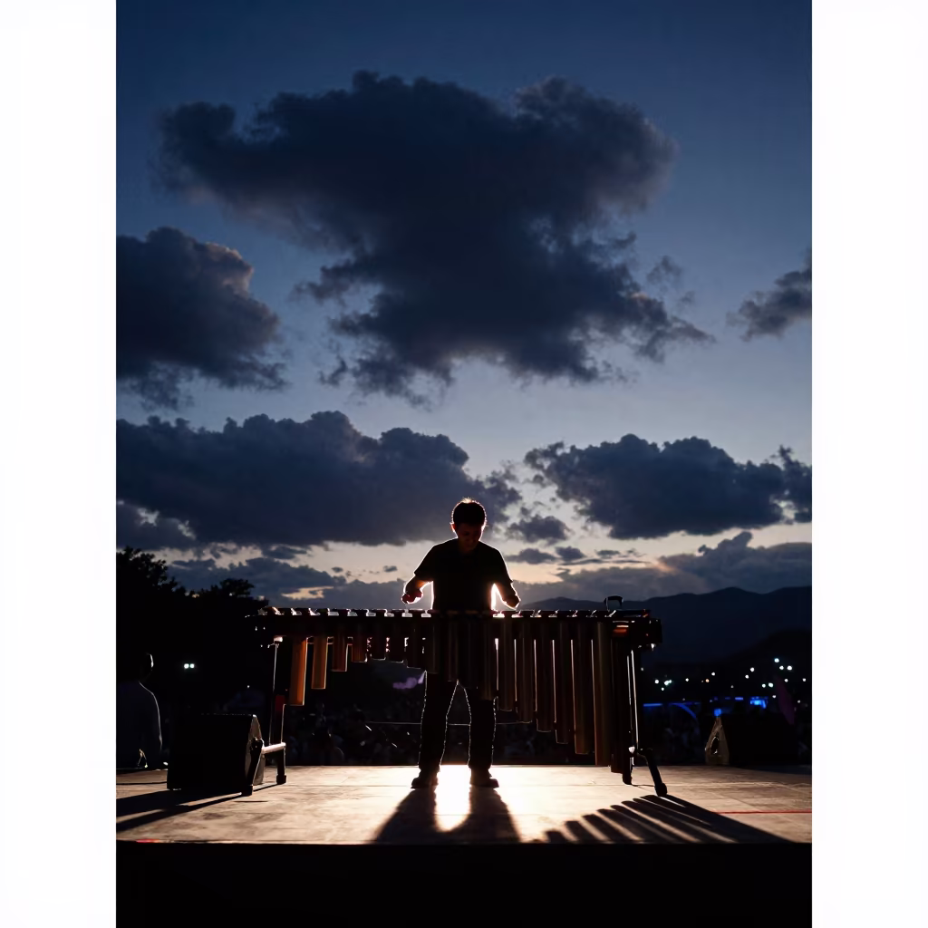 Marimba Player on Fuzhou Festival Stage at Dusk in on a festival main stage in Fuzhou