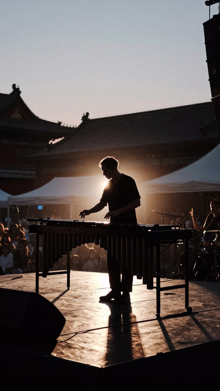Marimba Silhouette at Dashilar Festival Dusk in on a festival main stage in Dashilar, Beijing