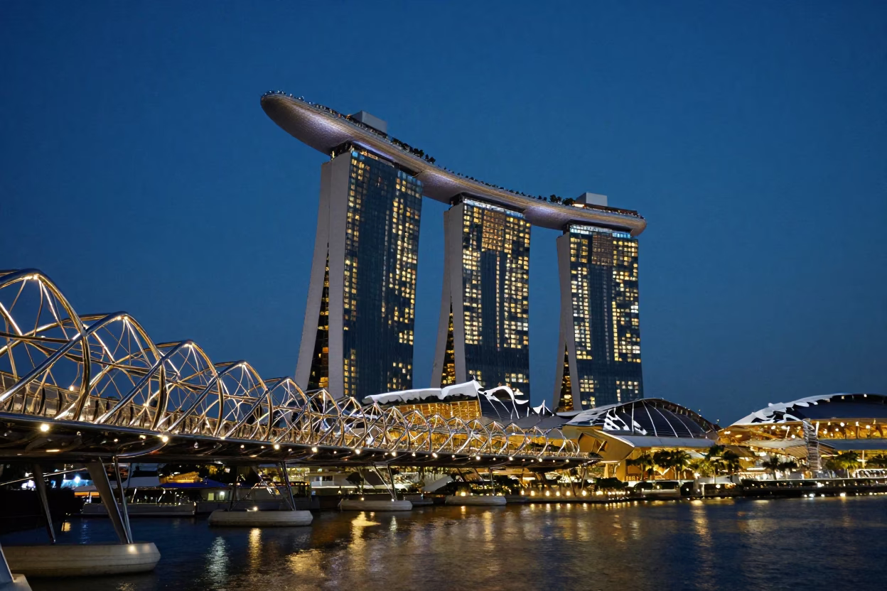 Marina Bay Sands and Helix Bridge Illuminated Against Predawn Singapore Sky in in Singapore, Singapore