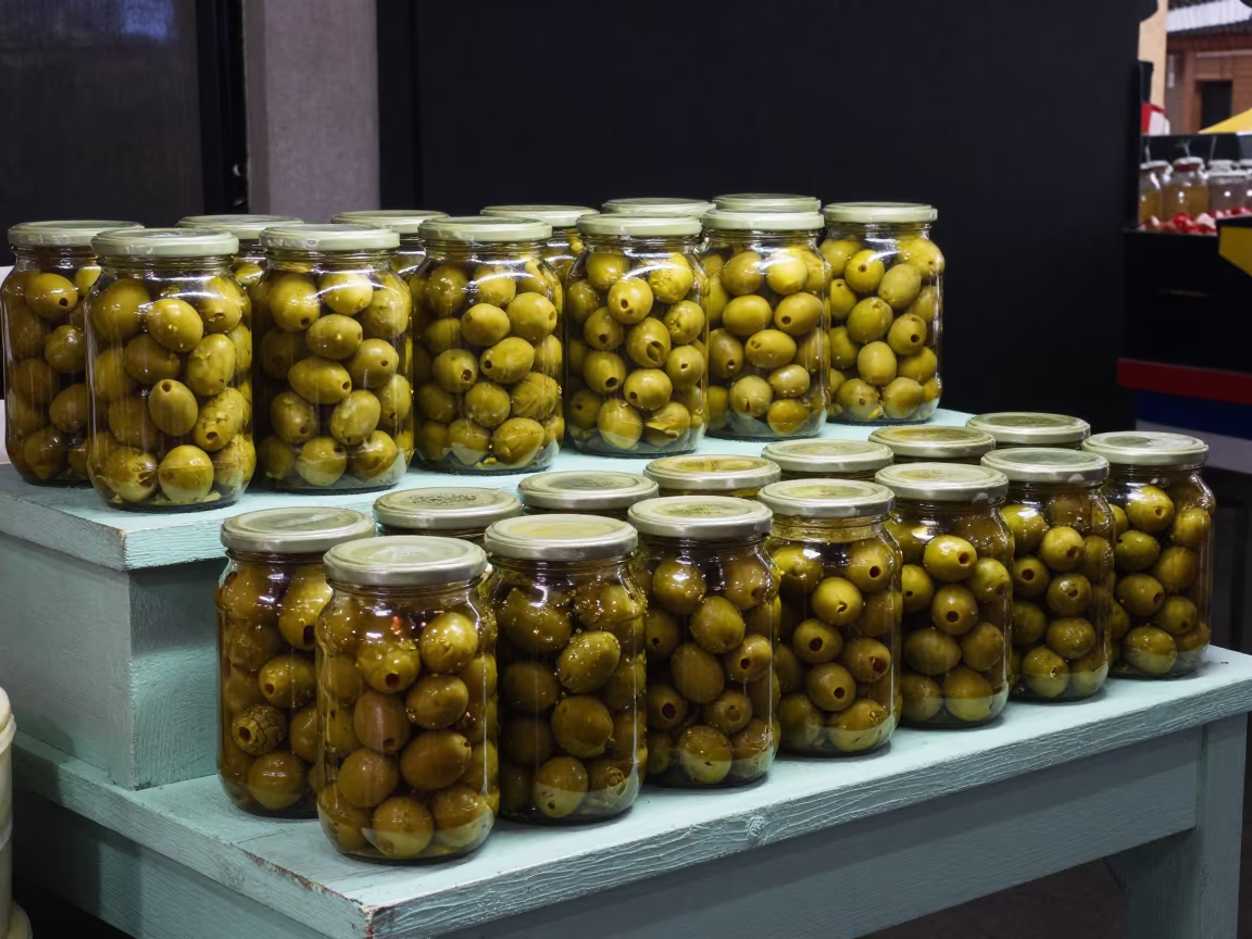 Marinated Olives on Medellin Market Counter in on a painted produce display table in Medellin