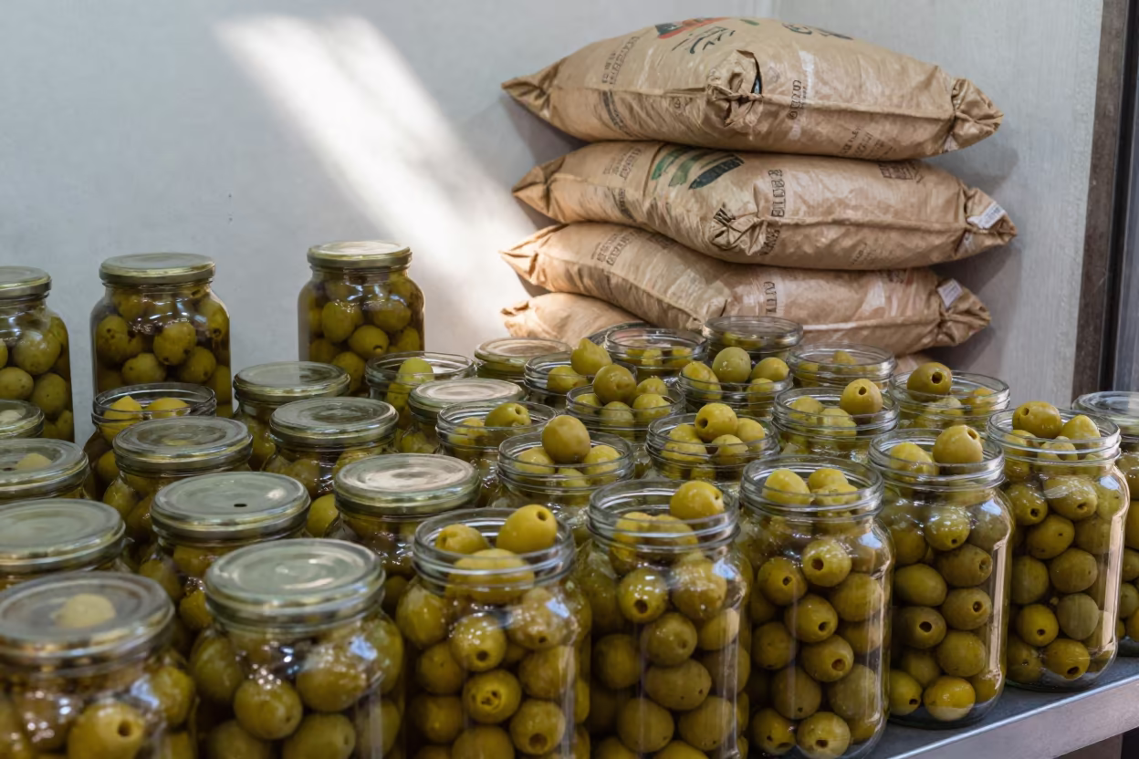 Marinated Olives on Sidon Market Counter in on a grocer's counter with stacked paper sacks near Sidon