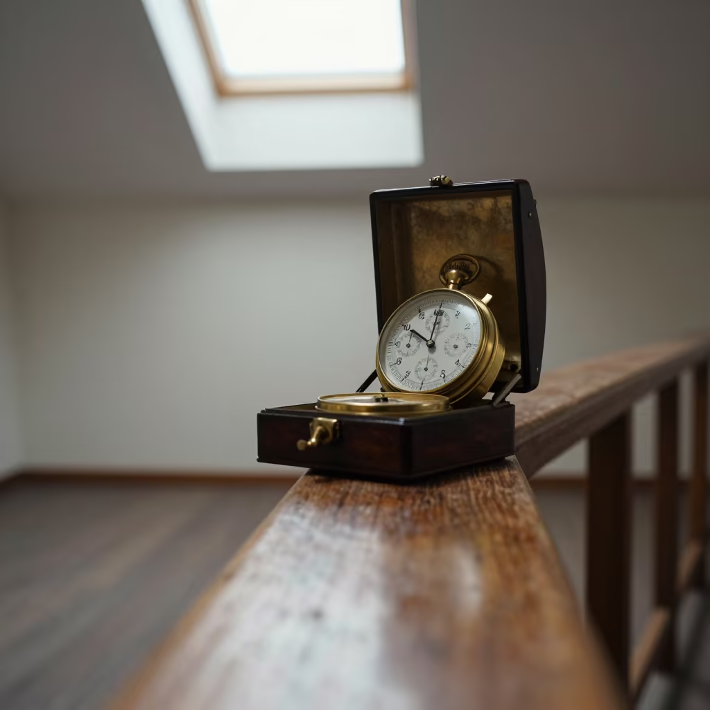 Marine Chronometer in Mahogany Case on Nuremberg Pier in on a pier railing in Nuremberg