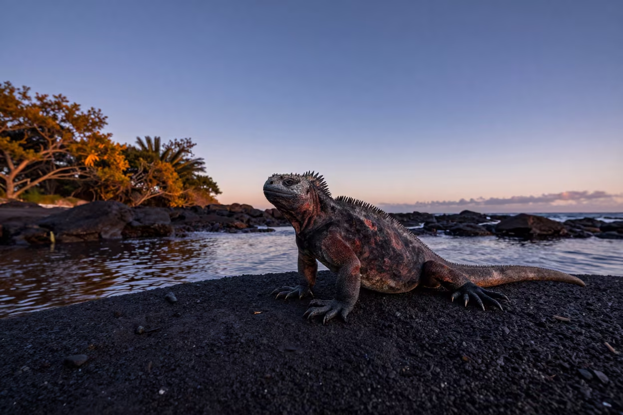Marine Iguana on Volcanic Rock at Twilight in in Georgia