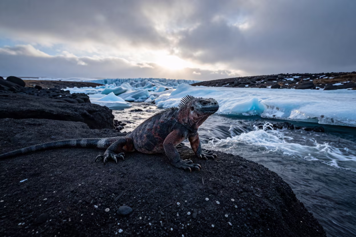 Marine Iguana on Volcanic Rock in Winter Light in above a glacial stream in Canada