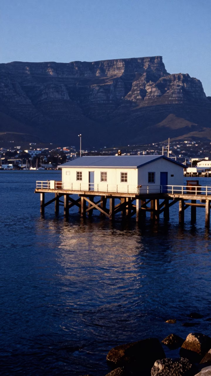 Marine Science Field Station Over Clear Tidal Water at Nautical Dawn in Cape Town in in Cape Town, South Africa