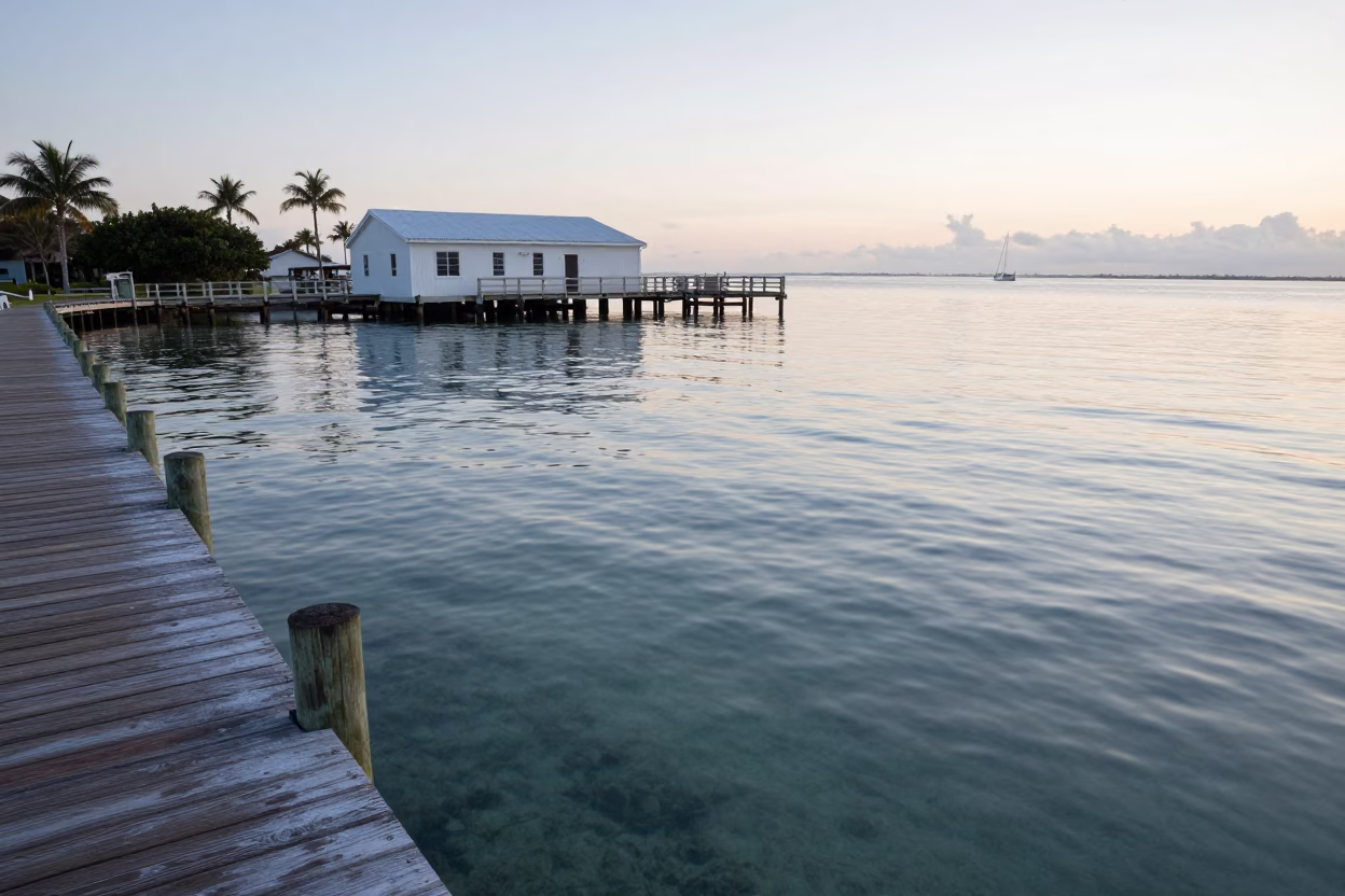 Marine Science Field Station Over Clear Tidal Water Before Sunrise in Miami Florida in in Miami, Florida, United States