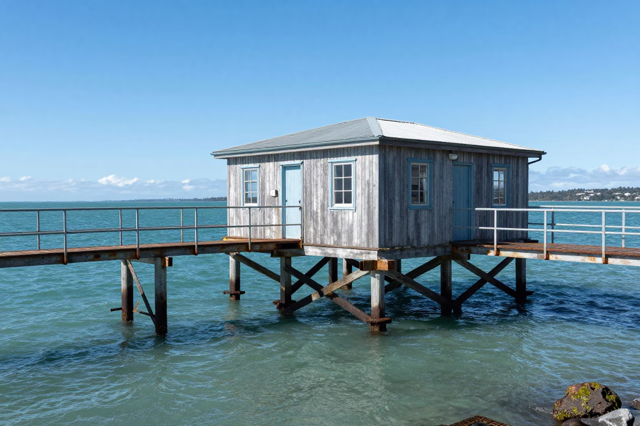 Marine Science Field Station Over Clear Tidal Water in Bright Midmorning Auckland New Zealand in in Auckland, New Zealand