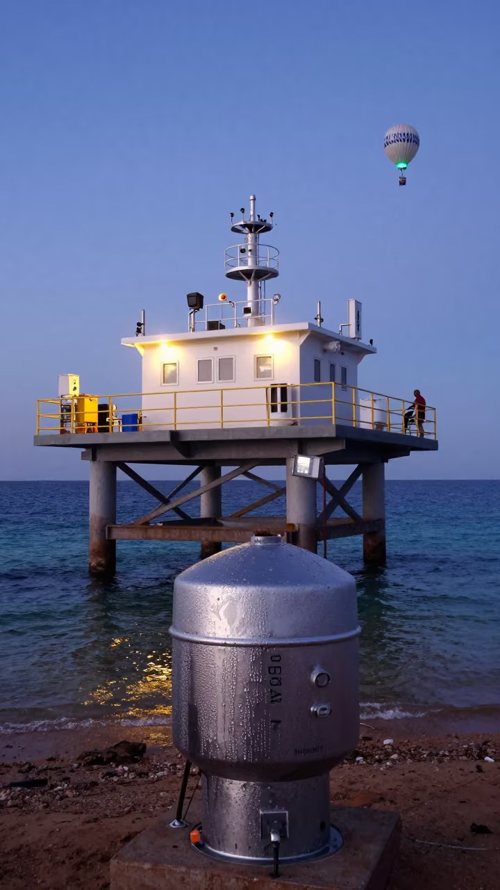 Marine Station Over Tidal Water at Twilight in near a weather balloon launch site in Mali