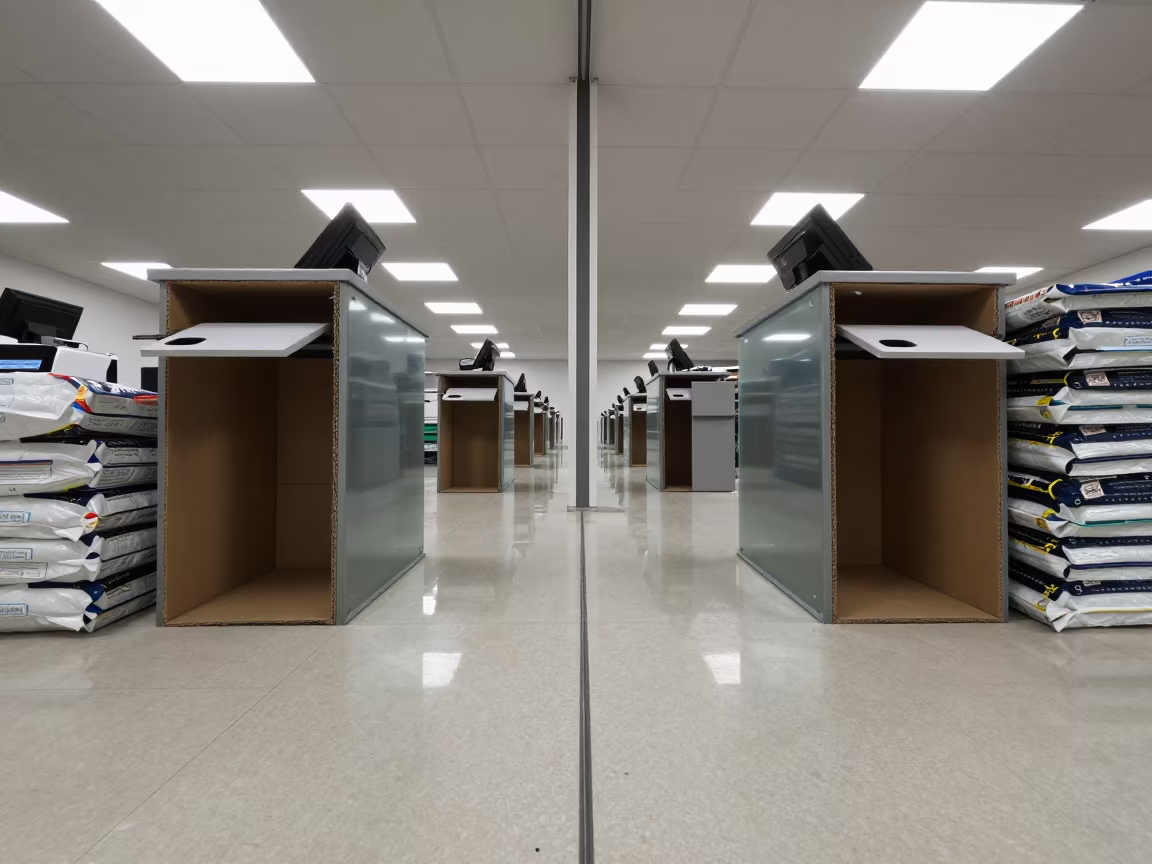 Markdown Drawer Tape Cardboard Acrylic Retail Counter in at a cash wrap counter with bags stacked nearby in Bingerville