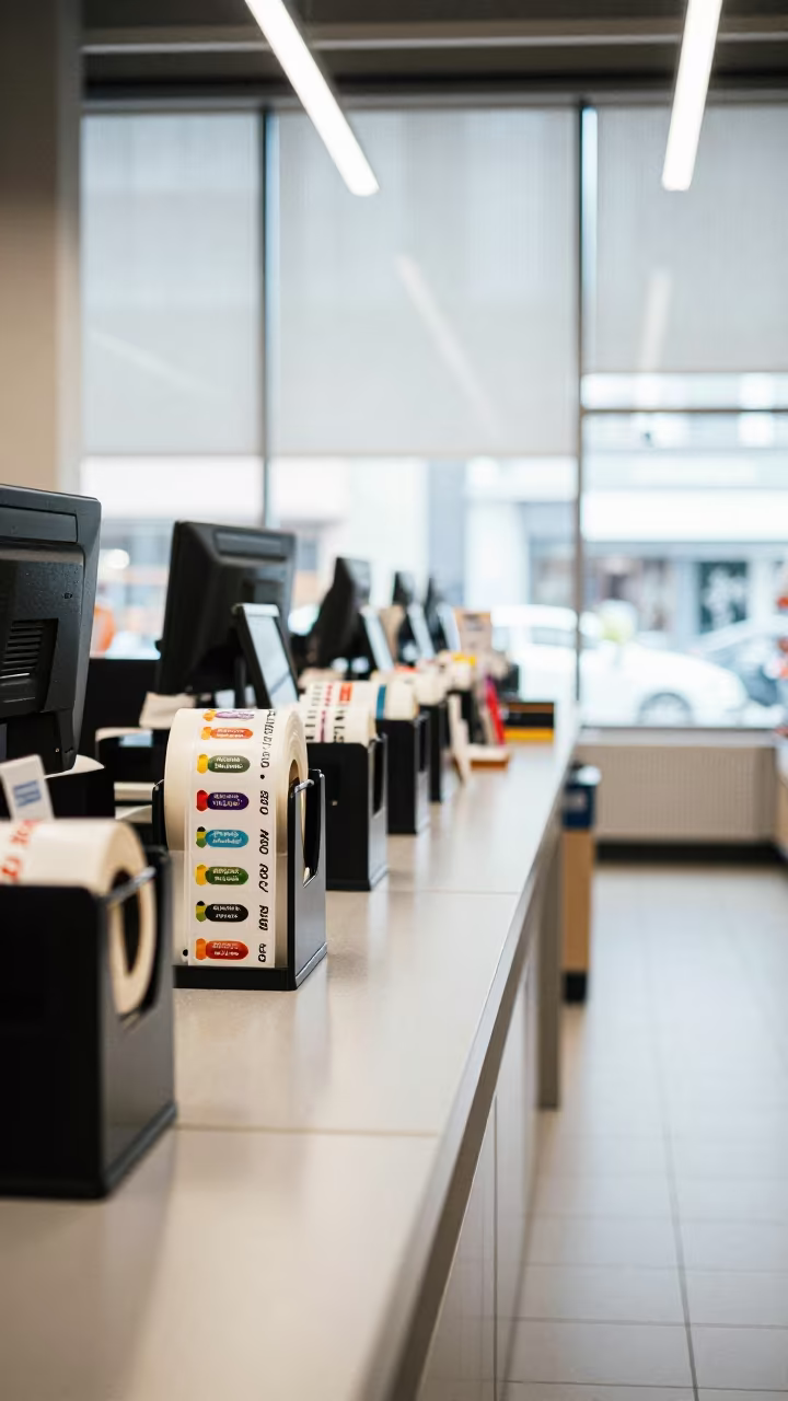 Markdown Sticker Caddy Under Dusseldorf Store Light in at a checkout lane under flat store light in Dusseldorf