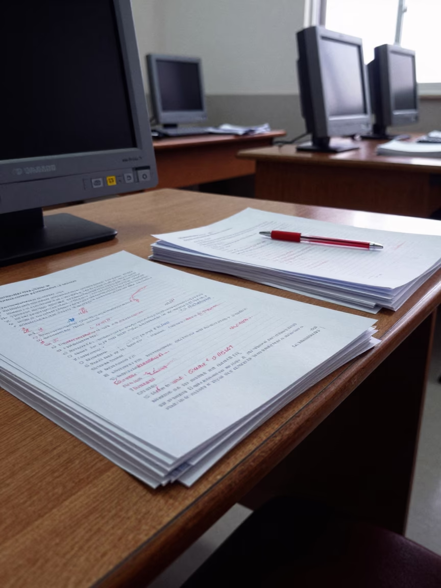 Marked Essays on Desk in Carupano Lab in in a computer lab before lessons near Carúpano