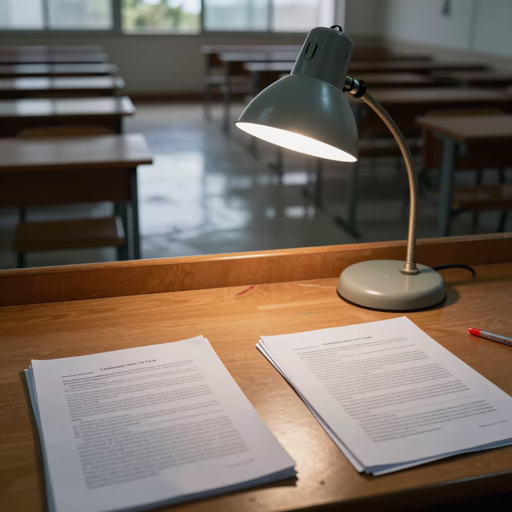 Marked Essays Under Desk Lamp at Lobito Dawn in in a lecture hall before the crowd arrives near Lobito