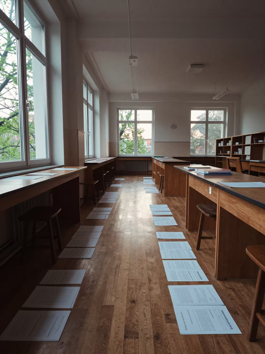 Marked Essays on Prague Lab Floor at Dawn in in a school laboratory in Prague