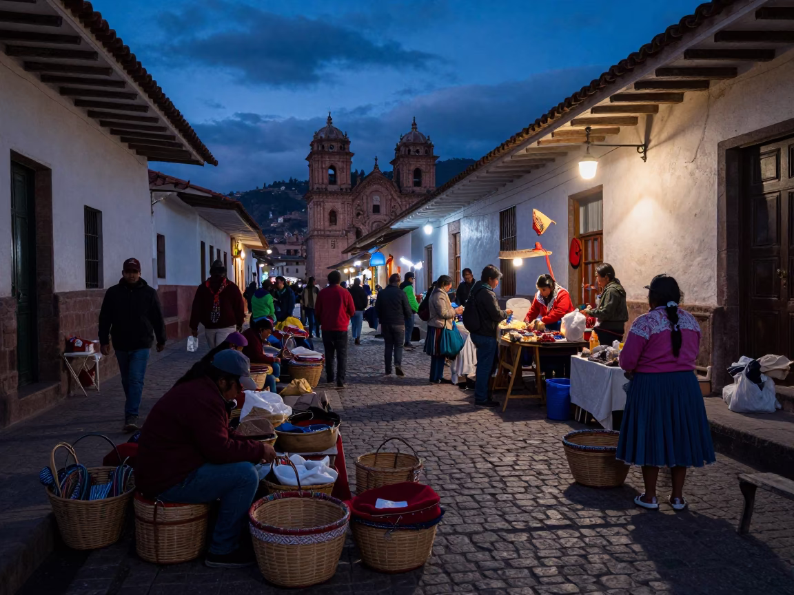 Market Activity in Cusco at The Predawn Darkness Light in in Cusco, Peru
