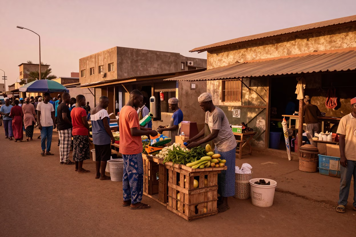 Market Activity in Dakar at Copper-toned Light Before Dusk in in Dakar, Senegal
