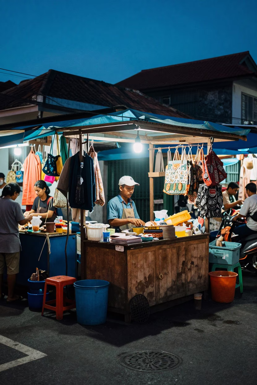 Market Activity in Denpasar at The Last Blue Light Of Evening in in Denpasar, Indonesia
