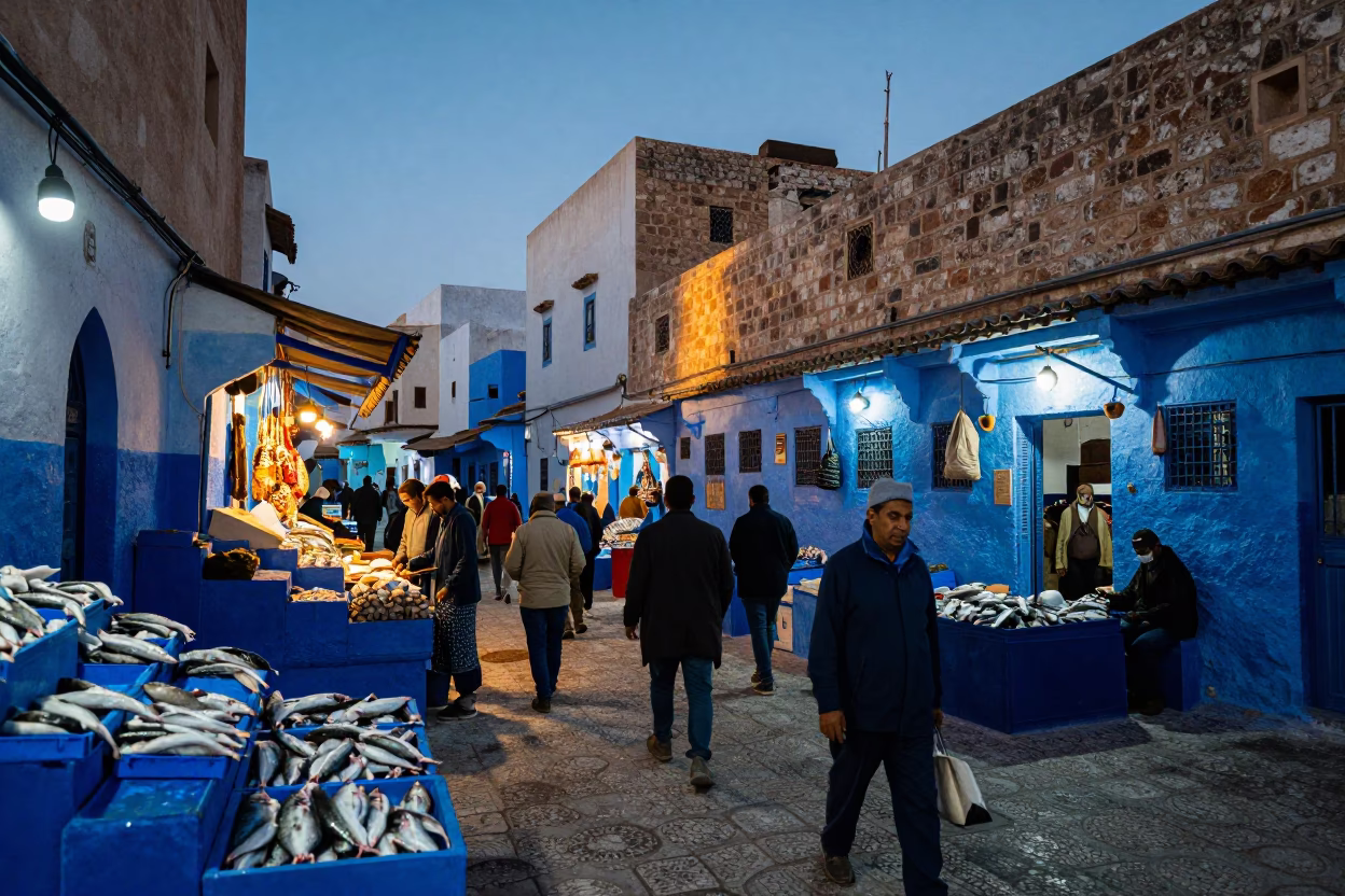 Market Activity in Essaouira at The Last Blue Light Of Evening in in Essaouira, Morocco
