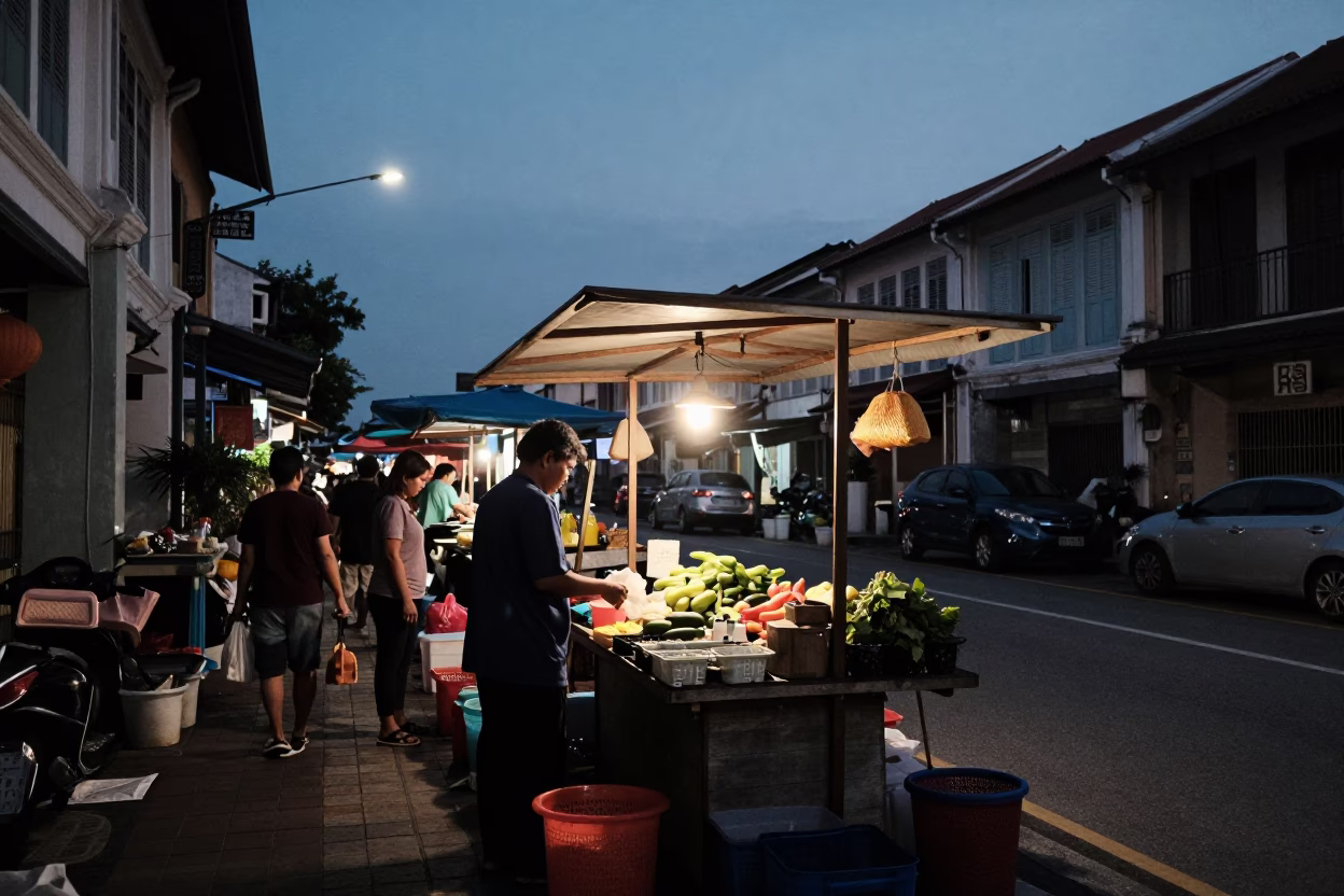 Market Activity in George Town at The Predawn Darkness Light in in George Town, Malaysia