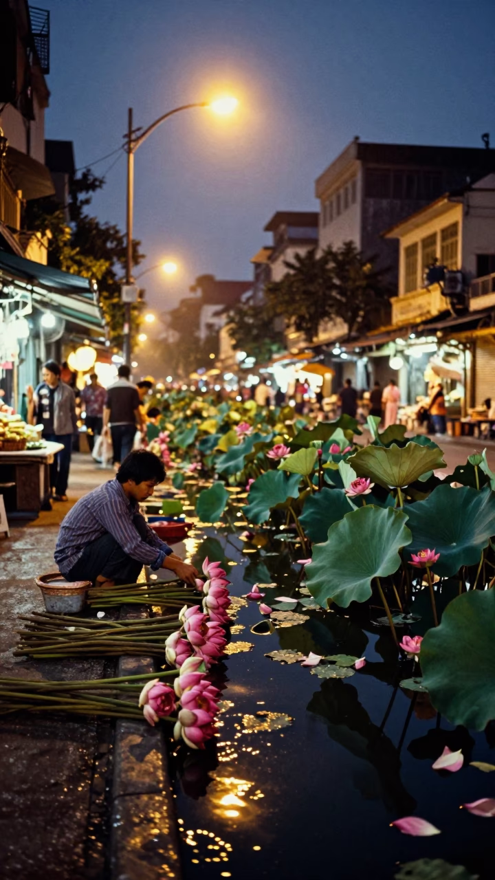 Market Activity in Hanoi at The Predawn Darkness Light in in Hanoi, Vietnam