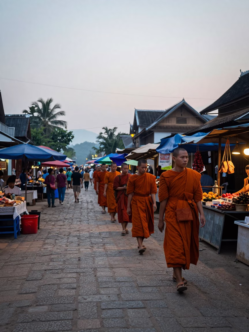 Market Activity in Luang Prabang at First Light Of Dawn in in Luang Prabang, Laos