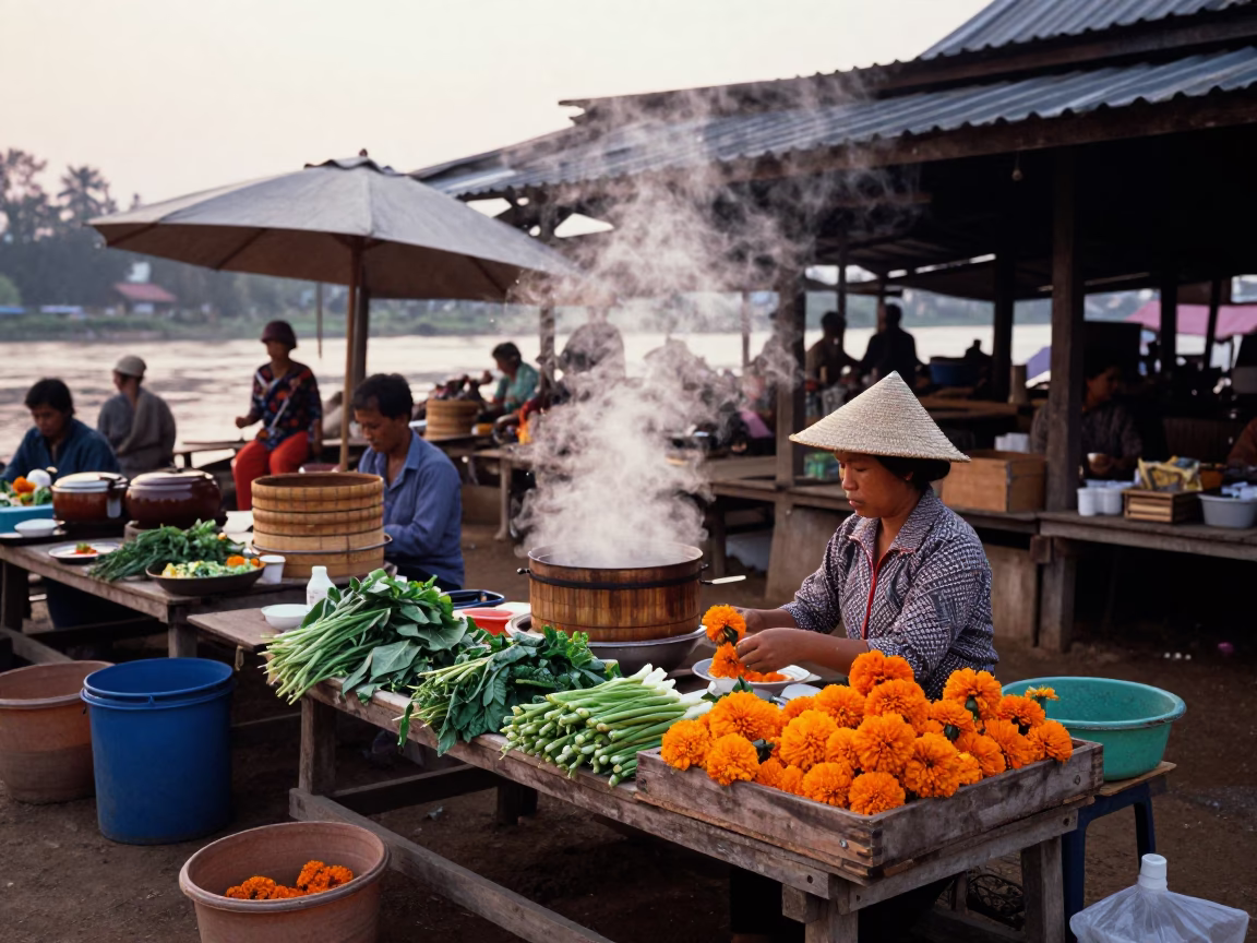 Market Activity in Luang Prabang at Sunrise Light in in Luang Prabang, Laos