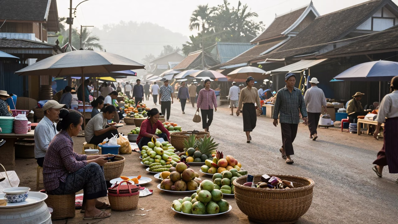Market Activity in Luang Prabang at The Early Morning Light in in Luang Prabang, Laos
