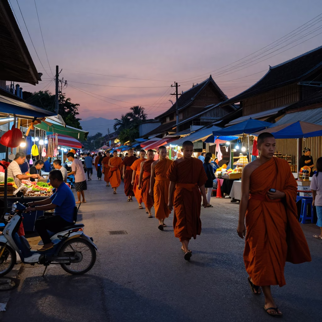 Market Activity in Luang Prabang at The Predawn Darkness Light in in Luang Prabang, Laos