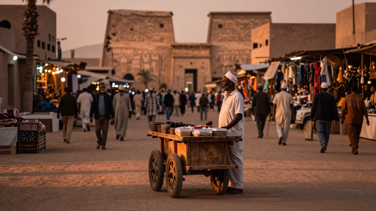 Market Activity in Luxor at Copper-toned Light Before Dusk in in Luxor, Egypt