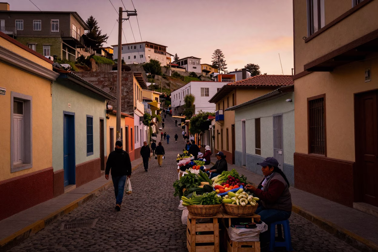 Market Activity in Valparaiso at Copper-toned Light Before Dusk in in Valparaiso, Chile