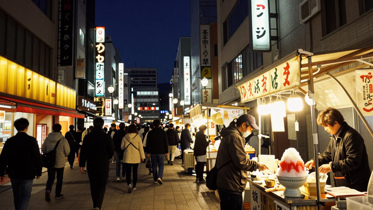 Market Bustle in Sapporo at The Deepest Night Sky Light in in Sapporo, Japan