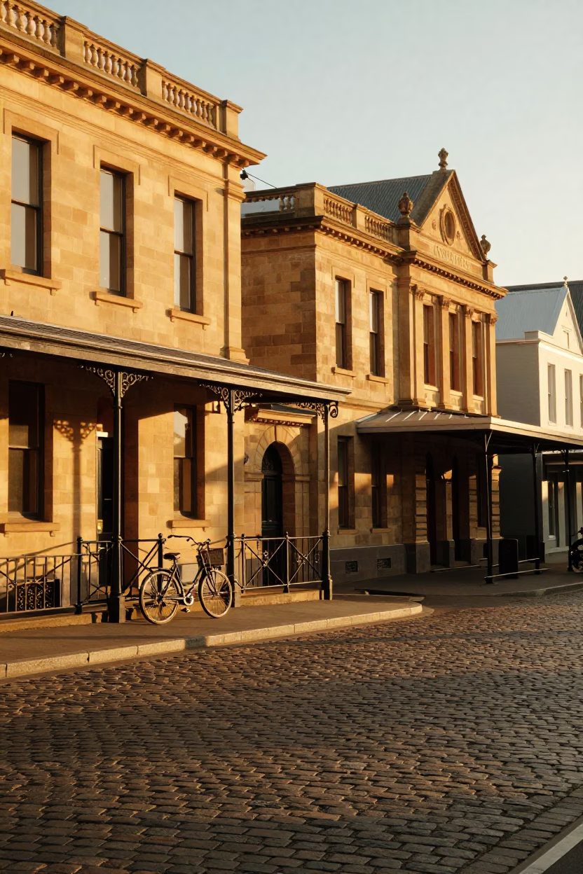Market Cobblestones in Hobart at Honeyed Evening Light in in Hobart, Tasmania, Australia
