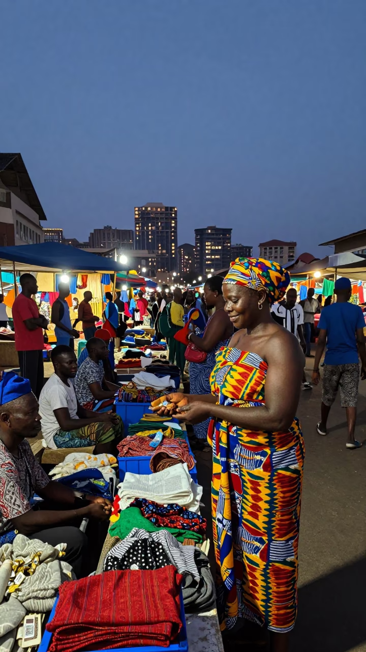 Market Evening in Accra at As City Lights Begin To Glow in in Accra, Ghana