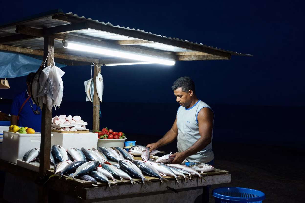 Market Fishmonger in Salvador at The Deepest Night Sky Light in in Salvador, Brazil