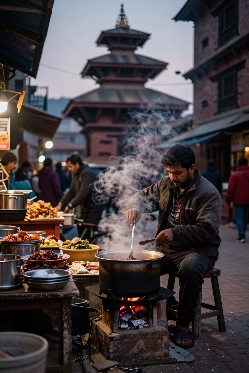 Market Food at The Predawn Darkness Light in Kathmandu in in Kathmandu, Nepal