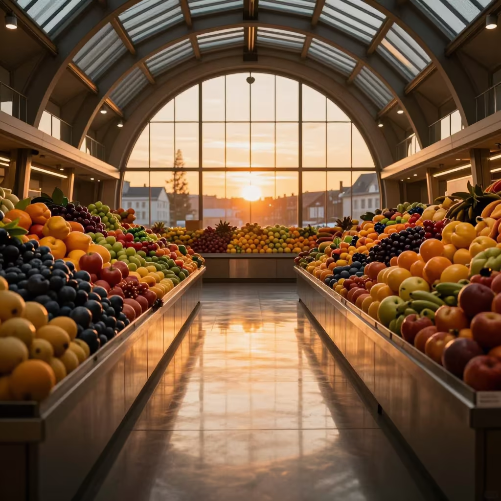 Market Fruit Mirrored in Steel Atrium in inside a vaulted atrium in Trier