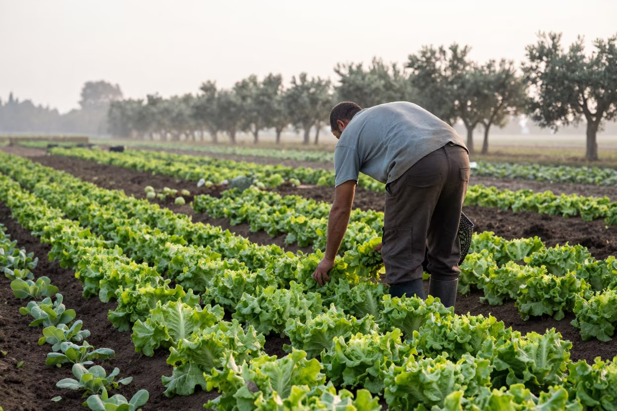 Market Gardener Harvesting Lettuce at Dawn Near Zadar in near Zadar