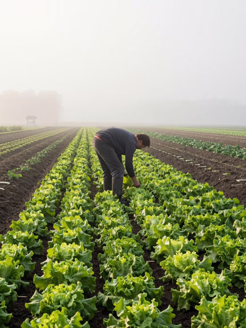 Market Gardener Harvests Lettuce at Dawn in along a market lane in Gütersloh