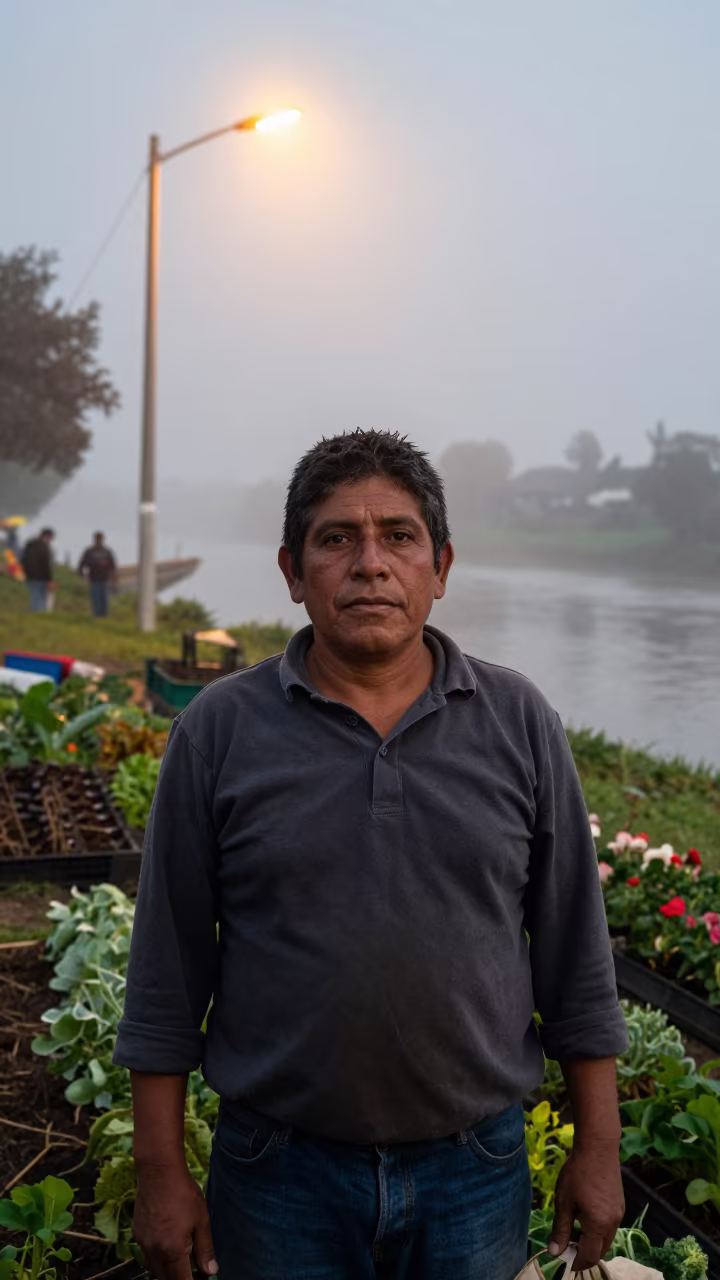 Market Gardener Portrait in Tonalá Mist in near a riverside landing in Tonalá