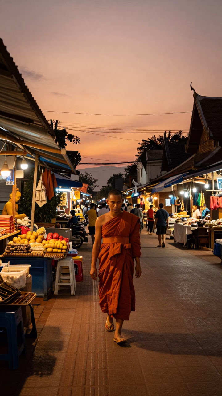 Market Life in Chiang Mai at Copper-toned Light Before Dusk in in Chiang Mai, Thailand