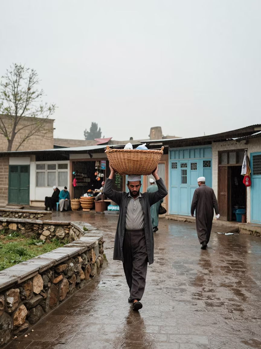 Market Porter Carrying Baskets in Rain Near Kabul in near Kabul