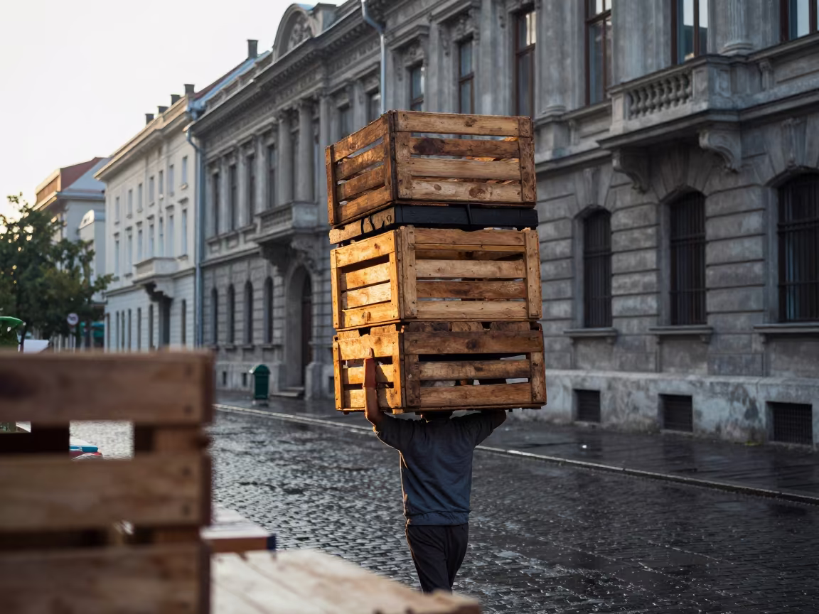 Market Porter Carrying Crates Near Bucharest at Sunrise in near Bucharest