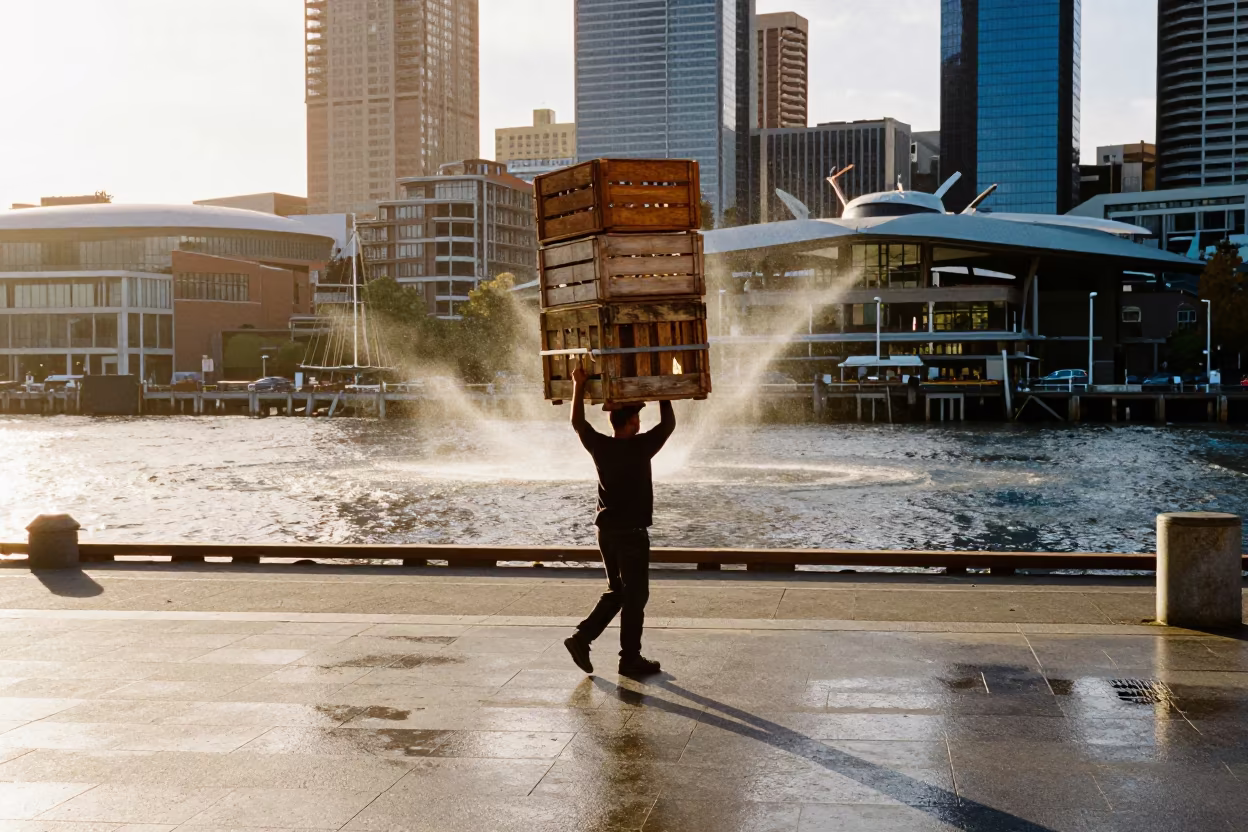 Market Porter Balancing Crates at Melbourne Harbor in at a harbor edge in Federation Square, Melbourne