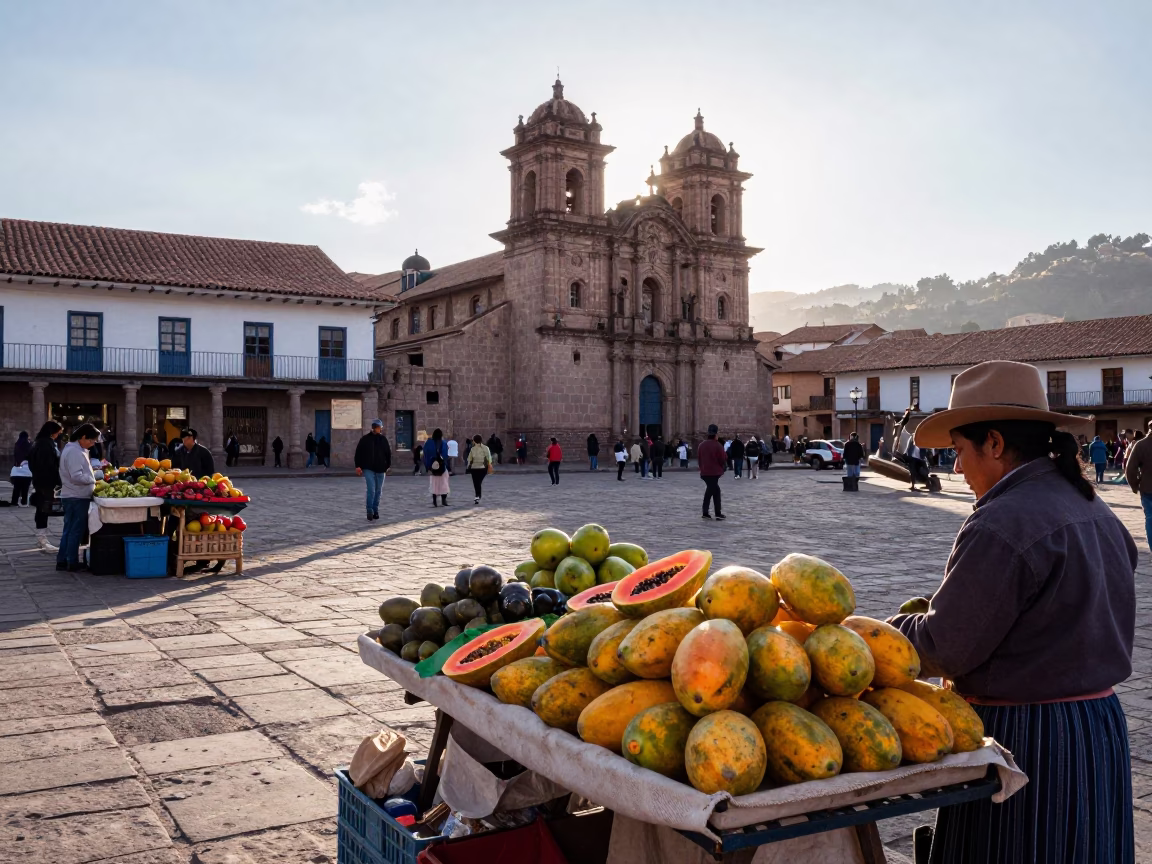 Market Scene at As First Light Reaches The Scene in Cusco in in Cusco, Peru